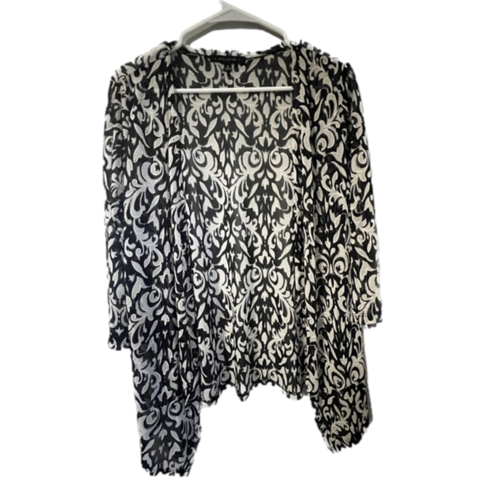 Atelier 29 open front black white pattern top open front sheer cardigan M